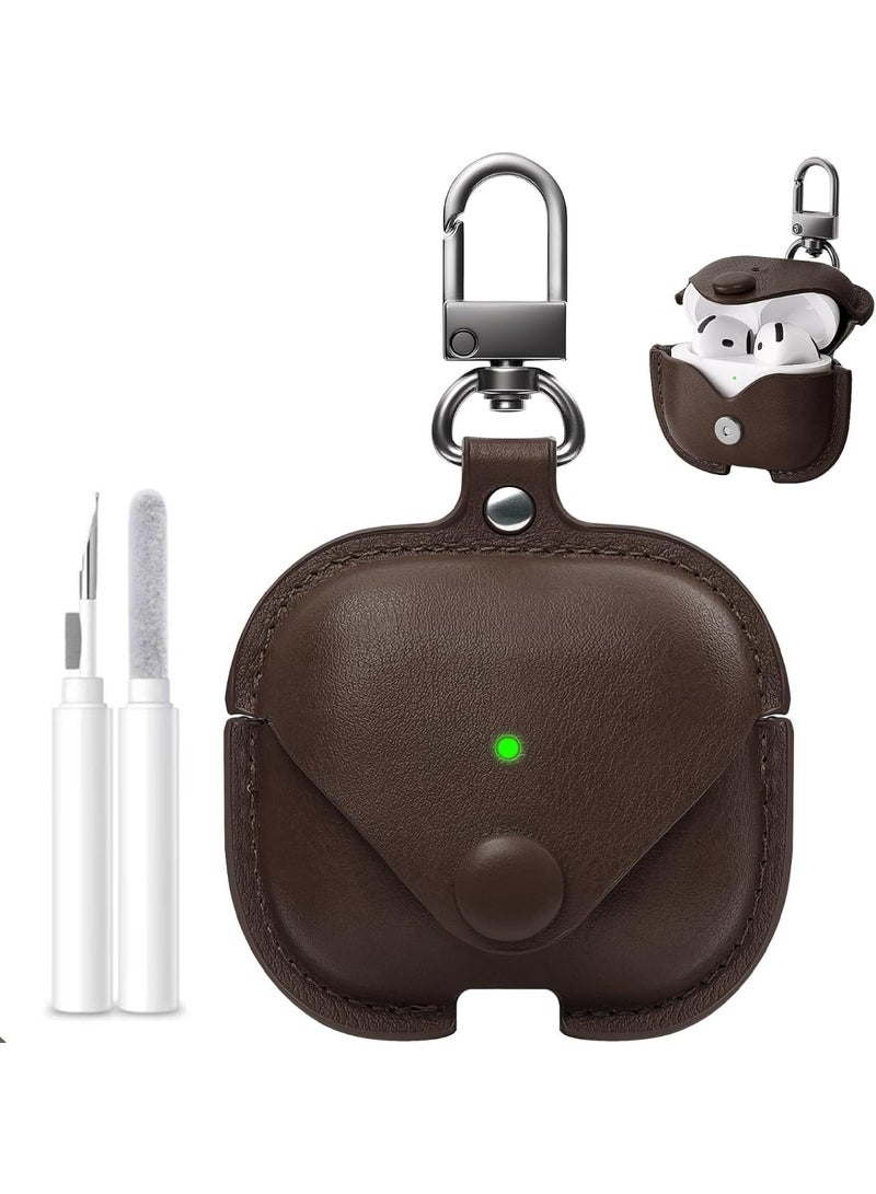 جراب جلدي لسماعات AirPods 4 مع سلسلة مفاتيح ومجموعة تنظيف، متوافق مع سماعات Apple AirPods من الجيل الرابع 2024، غطاء حماية جلدي كامل للرجال والنساء (بني داكن) - Image 1